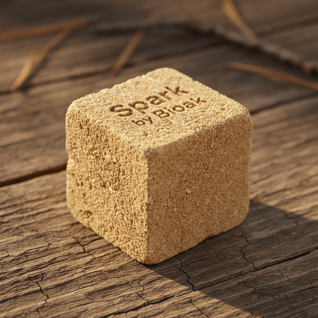 Close-up of Spark by Bioak firestarter cube on textured wood surface
