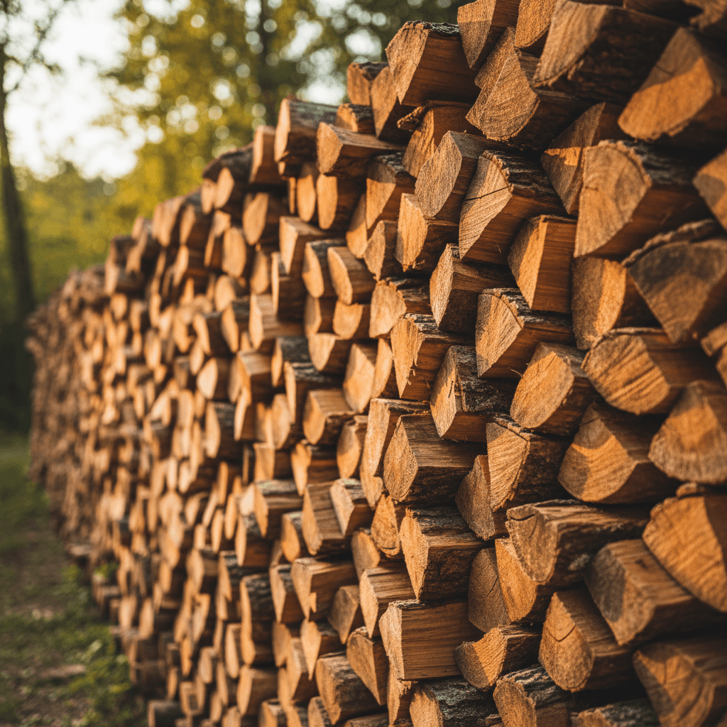 Close-up of stacked seasoned firewood logs with natural grain texture and warm golden hour lighting in outdoor setting