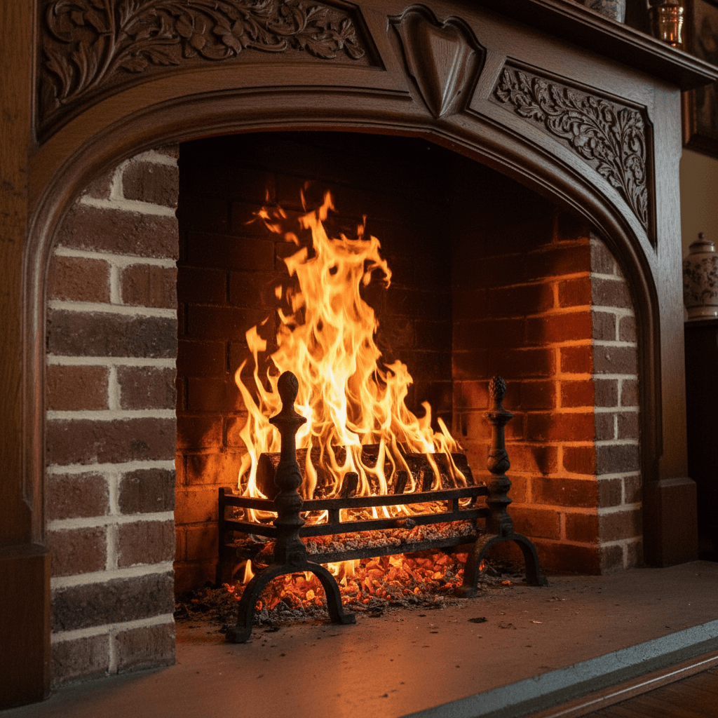 Glowing flames and embers burning inside ornate wood-burning fireplace with cast iron details and brick surround
