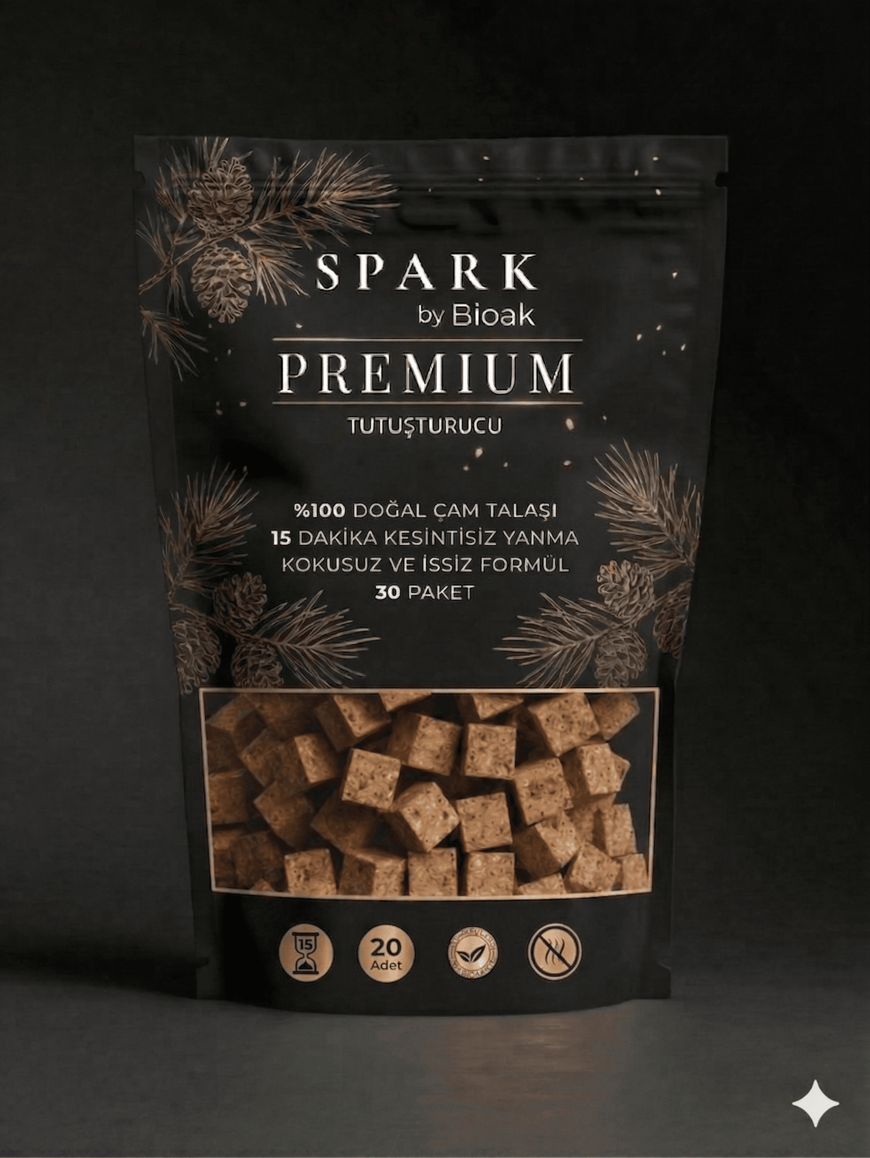 Spark Premium fire starter pouch with gold pine designs and a window of sawdust cubes.