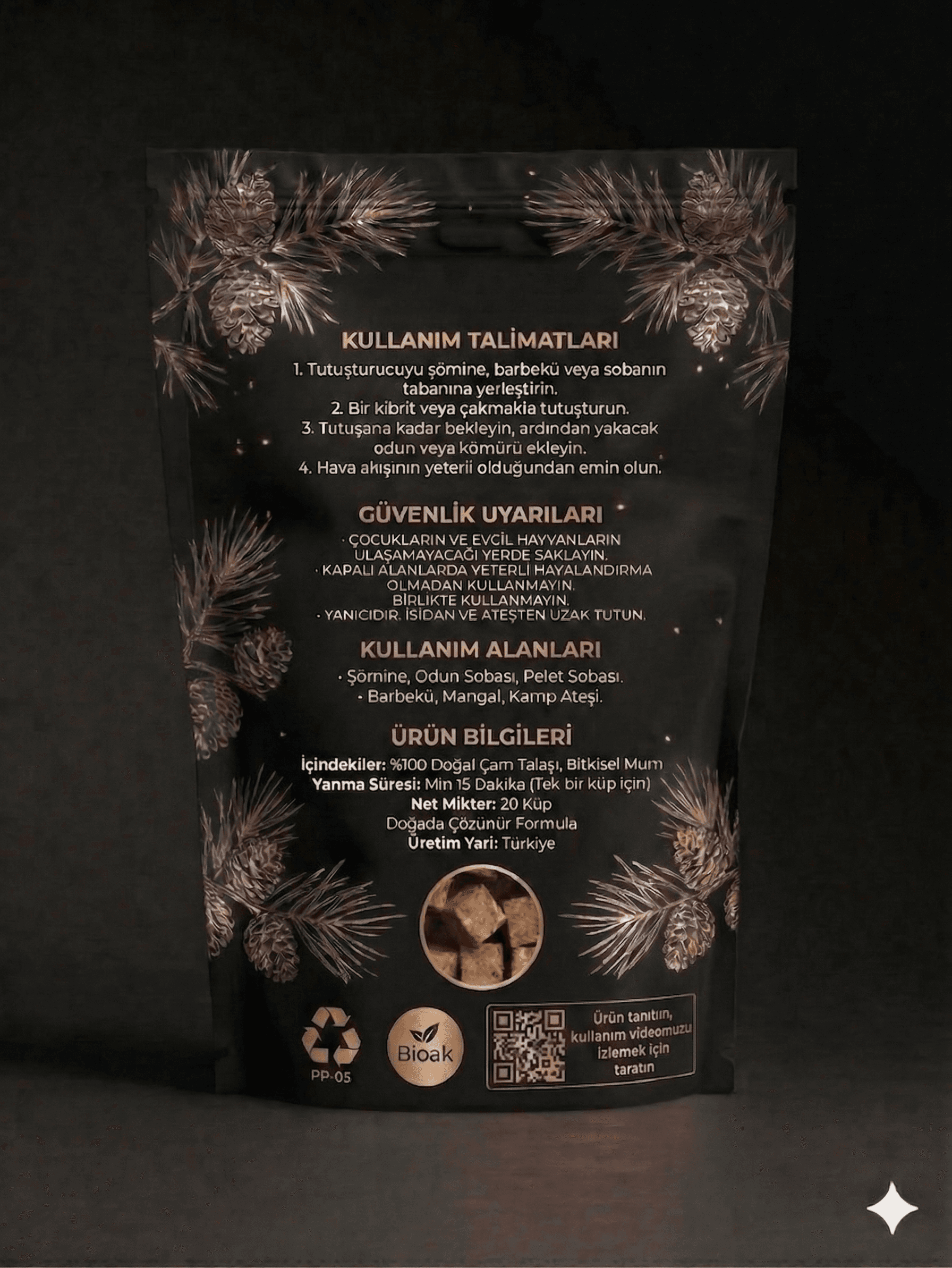 Black pouch for firestarters with gold pine cone illustrations and detailed Turkish product information.