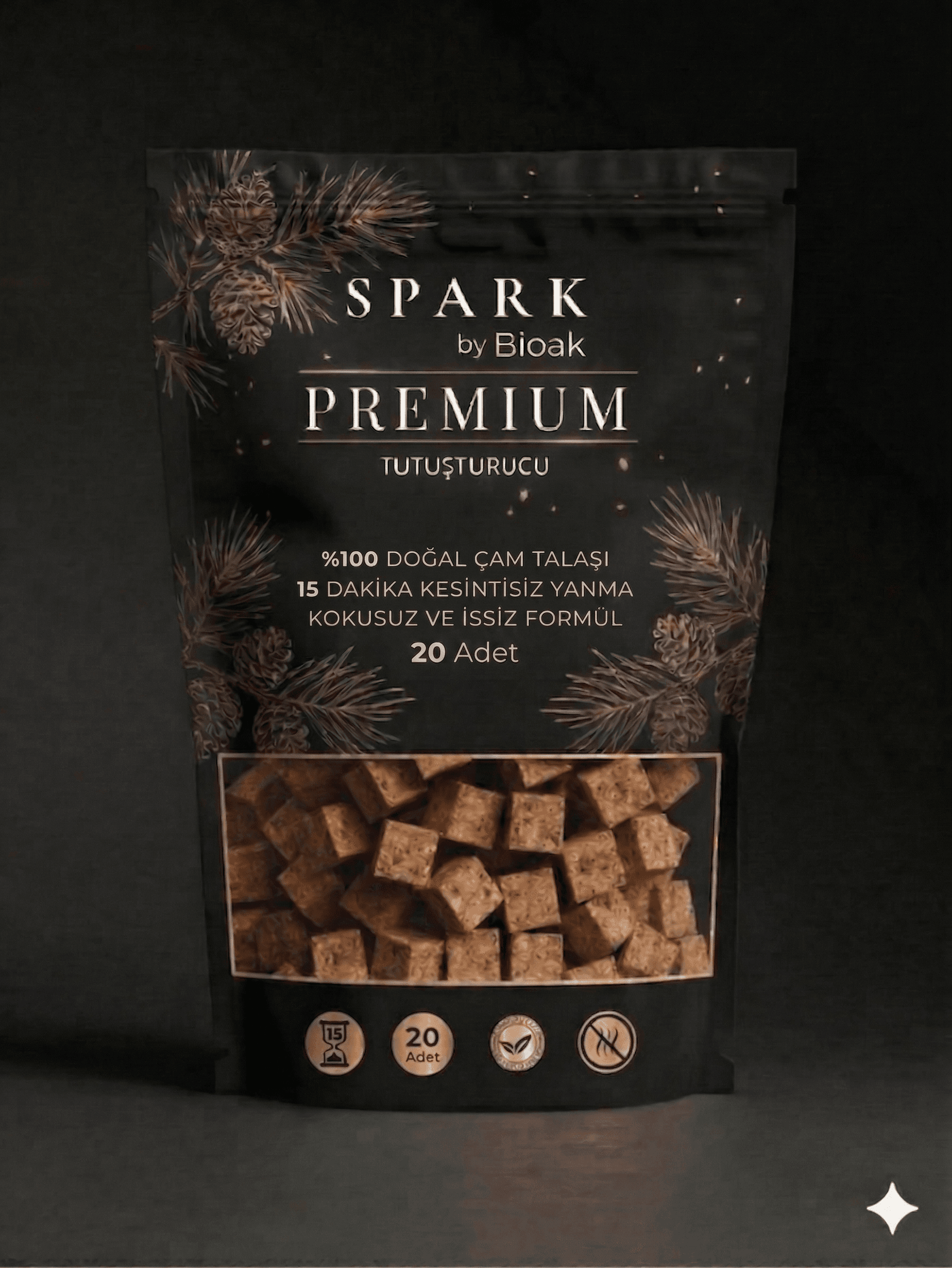 Spark by Bioak Premium Firestarter black pouch with pine illustrations and visible natural wood cubes.