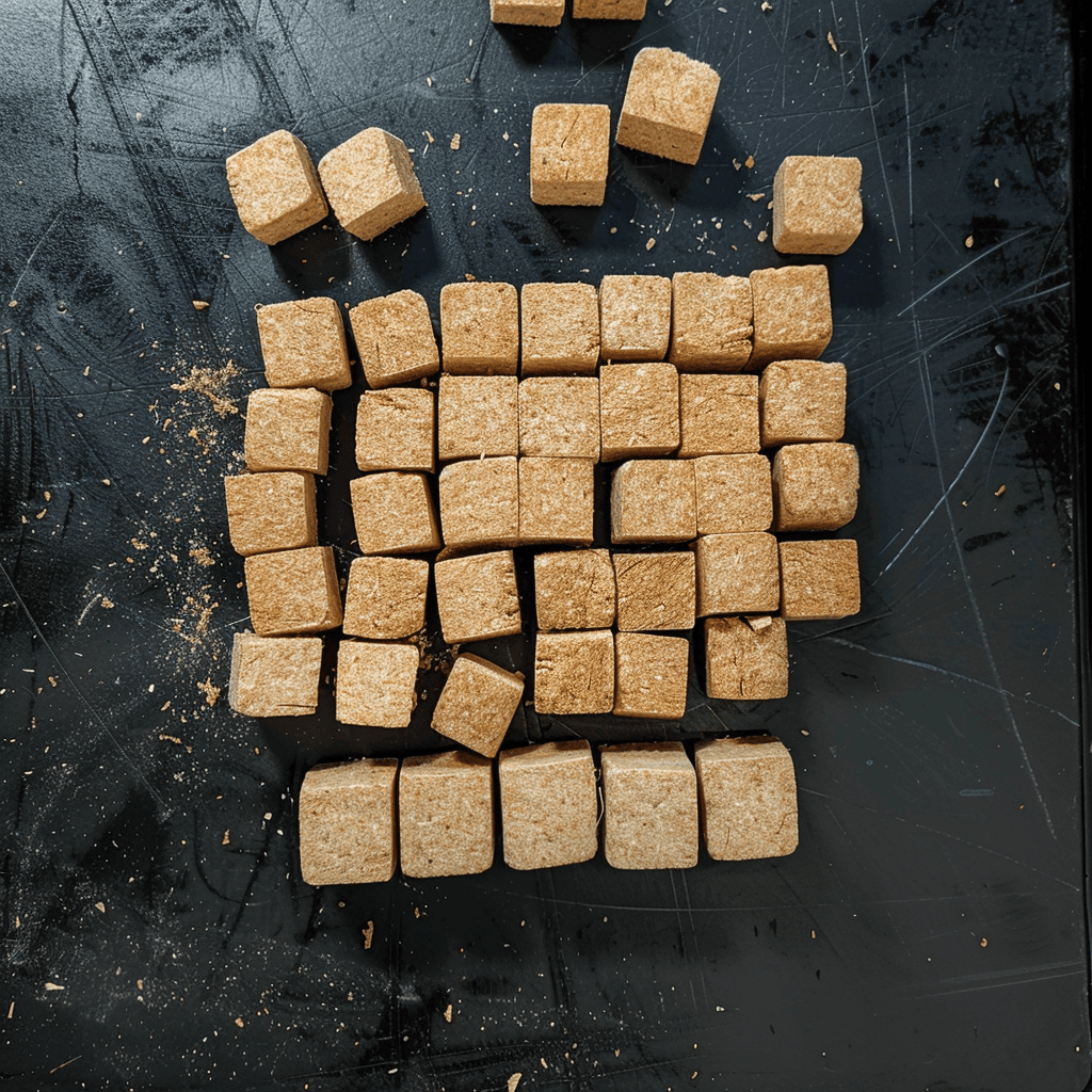 Small light brown cubes arranged in a grid and scattered on a scratched black surface.
